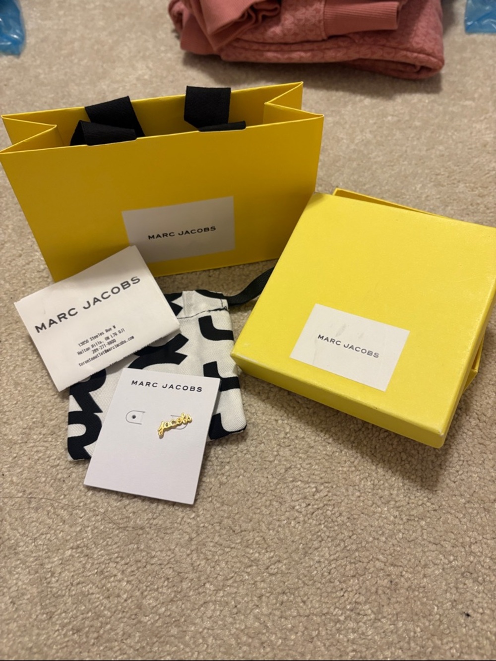 Marc Jacobs Gold Script Logo Pin with Yellow Branded Box